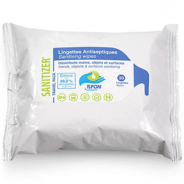 Bag of 30 disinfectant wipes for hands and surfaces