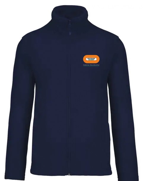 Veste polaire zippée marine brodée logo BY BAT HABITAT RESIDENTIEL coeur + chantier Ivry Gargarine dos blanc