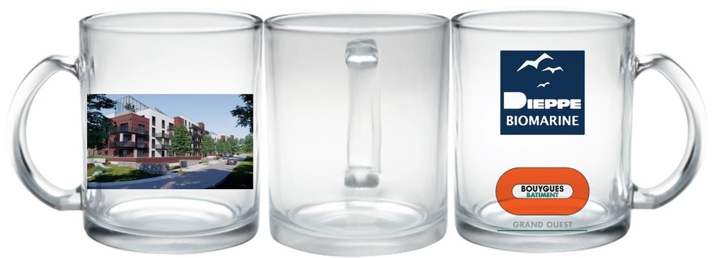 300ml transparent glass mug BY BAT GRAND OUEST - Dieppe Biomarine + construction site photo