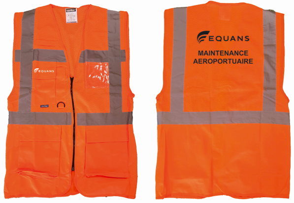 Gilet fluo hv maille Madrid (Aérée) orange EQUANS blanc cœur + EQUANS MAINTENANCE AEROPORTUAIRE noir dos