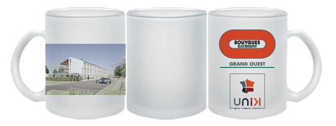 Mug verre dépoli blanc opaque 300ml BY BAT GRAND OUEST - Unik + photo chantier
