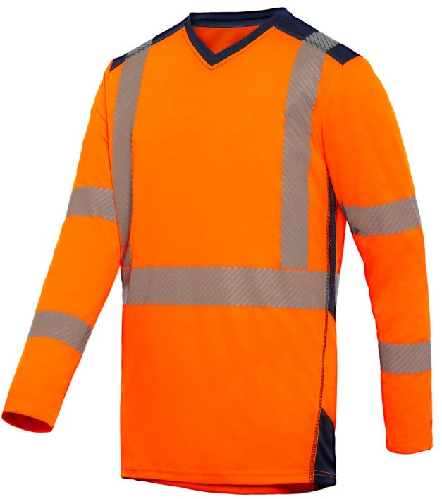 Tee-shirt HV 100% polyester manches longues Bali 9 Orange/bleu Marine