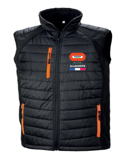 Doudoune sans manche 180gr noire orange brodée BY BAT INDUSTRIE A. LACOSTE + drapeau français (S)
