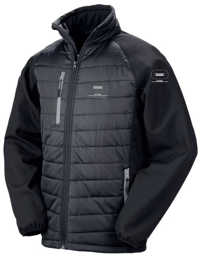 Softshell bimatière éco conçue 280gr noire gris BY CN MATERIEL LP Coffrage Sécurité Etaiement blanc + BY CN MATERIEL blanc manche gauche