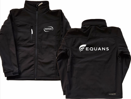 Softshell Yang noir brodé BYES blanc coeur + transfert EQUANS blanc dos