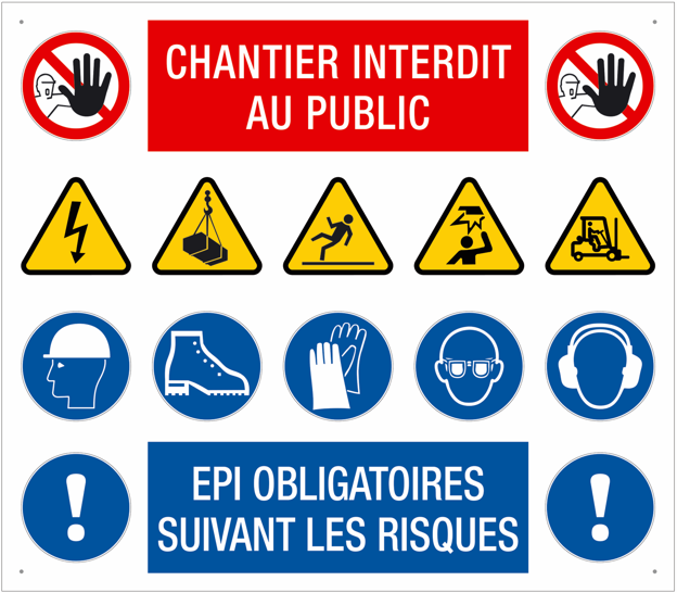 Panneau composite ALU 4mm 800 x 700 mm anti UV 4 trous Chantier interdit au public + EPI obligatoires suivants les risques + icônes