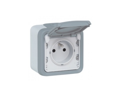 PLEXO 2P+T 16A complete gray surface-mounted socket with protective clips
