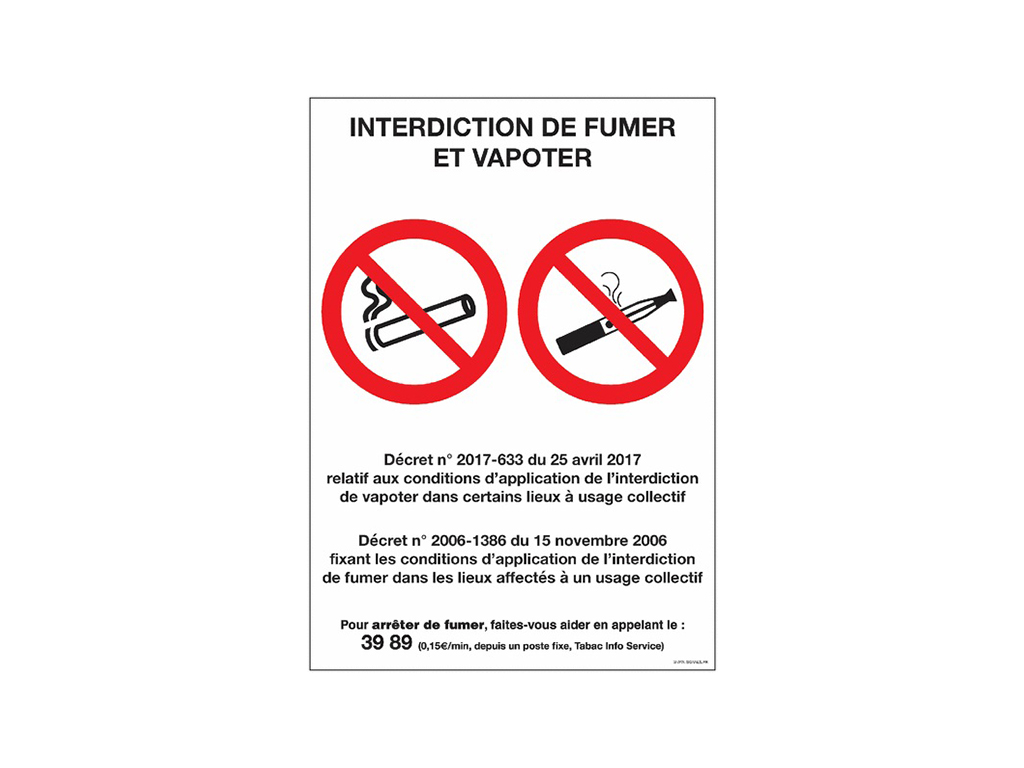 Autocollant interdiction de fumer et de vapoter avec décret 210 x 297 mm