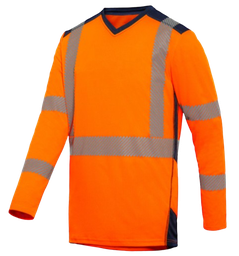 [EP163750] Tee-shirt HV polyester-coton manches longues Jakarta 2 - Orange/bleu Marine