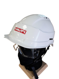 [EP121371] Casque Iris II blanc porte étiquette avec lunettes et jugulaire 4 points - Logoté HILTI