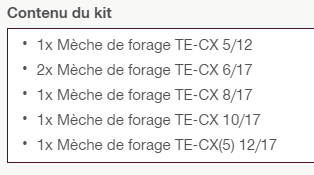 Set M1 TE-CX panachées SDS+ (Lot de 6)