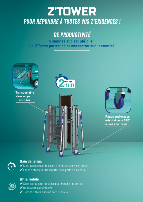 Echafaudage alu téléscopique  Z'TOWER hauteur plancher 0,3m à 1,80m