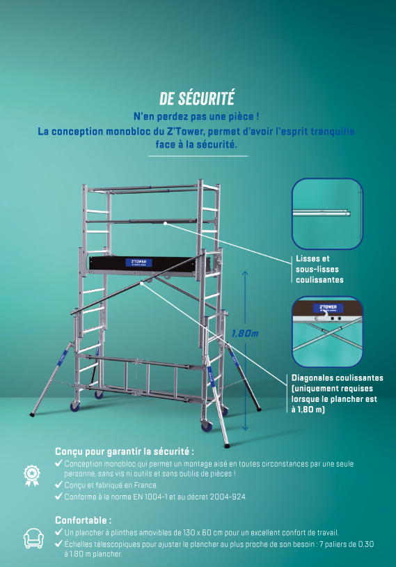 Echafaudage alu téléscopique  Z'TOWER hauteur plancher 0,3m à 1,80m