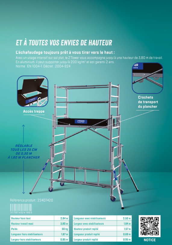 Echafaudage alu téléscopique  Z'TOWER hauteur plancher 0,3m à 1,80m
