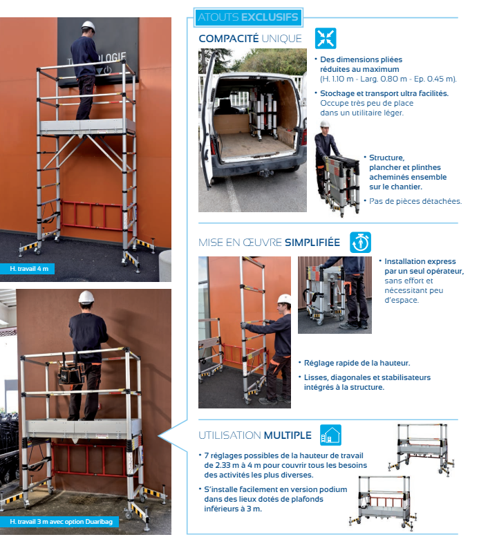 Echafaudage alu télescopique et compact TELETOWER ht plancher 0,33m à 2,00m