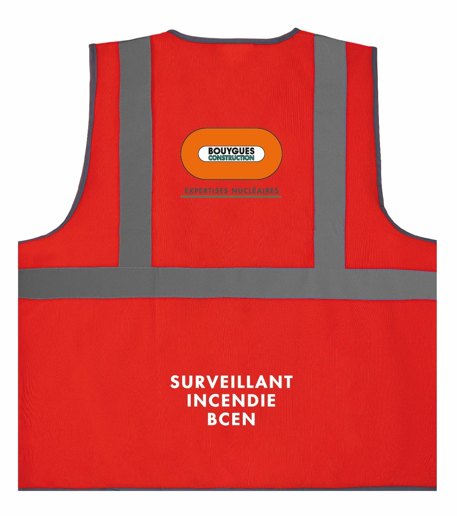 Gilet fluo BY EXPERTISES NUCLEAIRES cœur + Surveillant incendie BCEN lettrage blanc dos sur 3 lignes + entre les bandes rétro