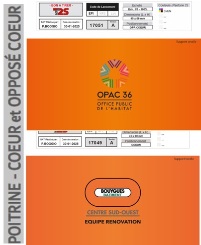 Gilet fluo hv orange BY BAT CENTRE SUD OUEST Equipe Rénovation + OPAC36 opposé coeur + BY BAT CENTRE SUD OUEST OPAC36 Equipe Rénovation dos