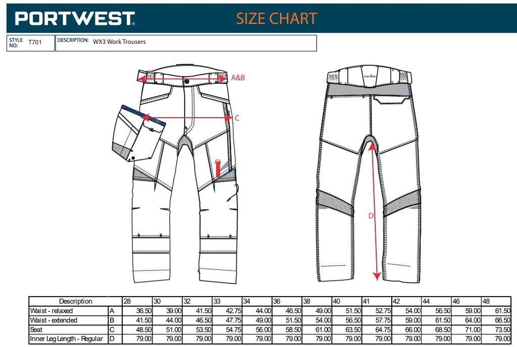 Guide des tailles WX3 PORTWEST