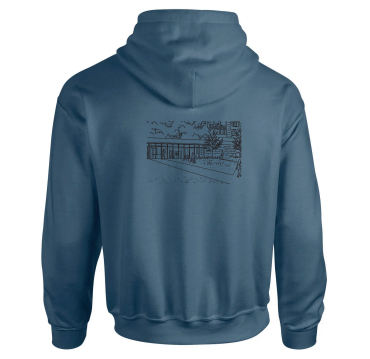 Sweat à capuche 50% coton - 50% polyester 260gr Bleu Indigo BY BAT GRAND OUEST Travaux Services noir + image cathédrale noir dos