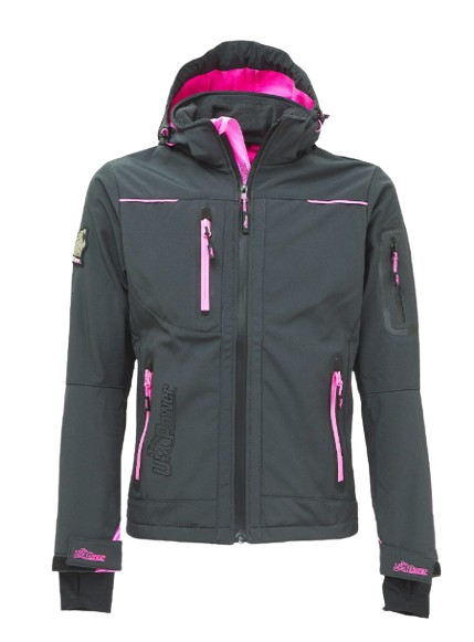 Softshell femme noir/fuschia 320gr 96% polyester 4% spandex capuche amovible