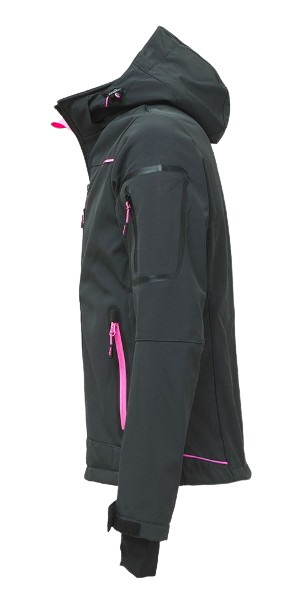 Softshell femme noir/fuschia 320gr 96% polyester 4% spandex capuche amovible