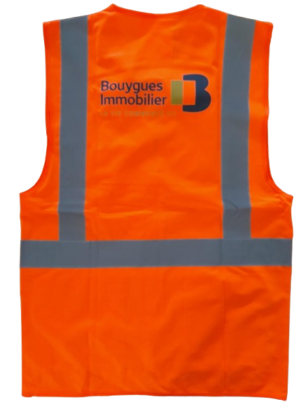 Gilet fluo HV multipoches BY IMMO La vie commence ici (devant cœur + dos)
