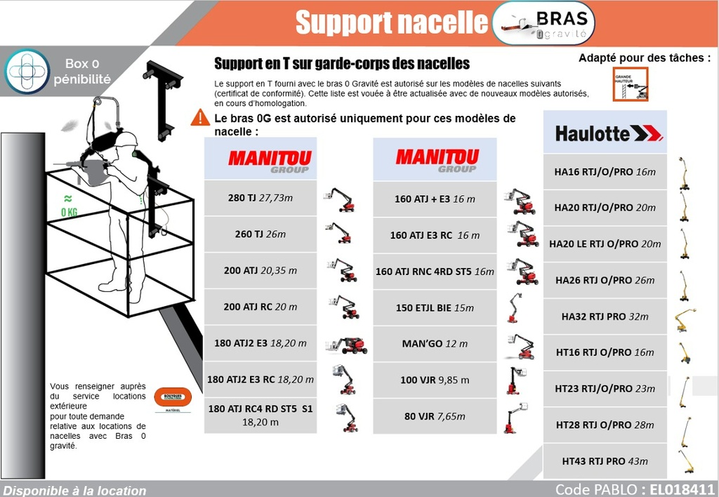 Bras 0 Gravité avec support T pour nacelle MANITOU