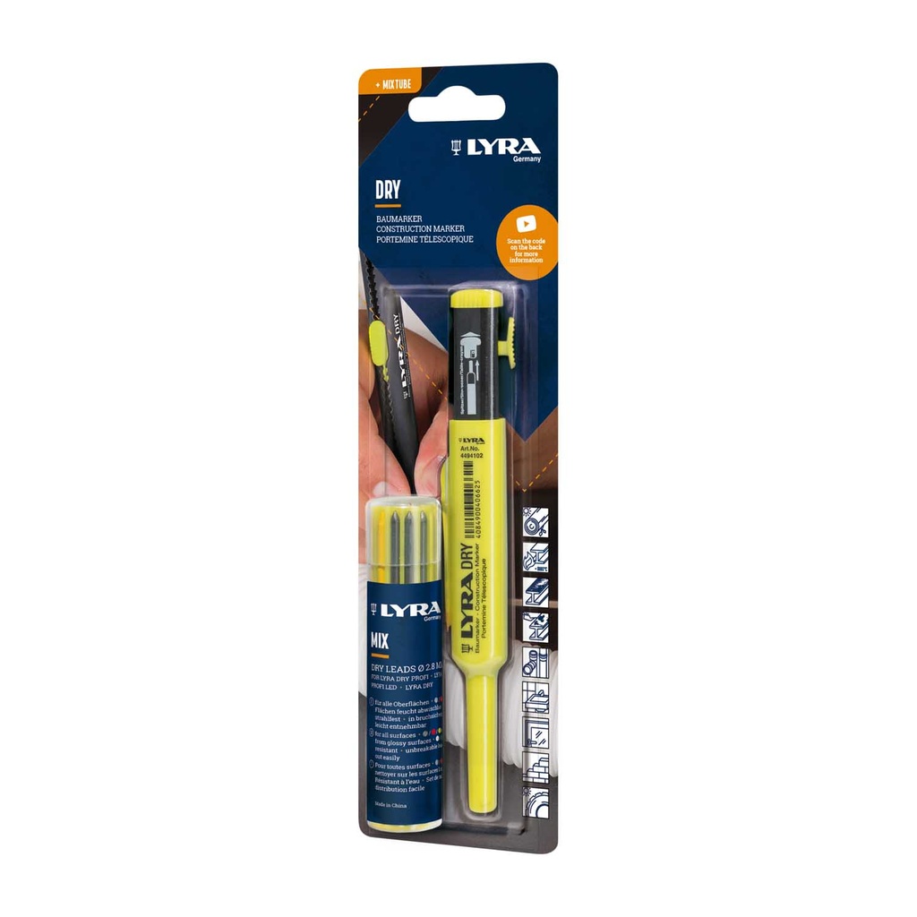 Crayon Portemine de chantier Lyra Dry avec recharge de 12 mines mix