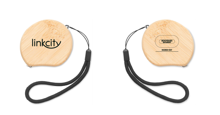 Wooden tape measure with BBNE logo + LINKCITY + text