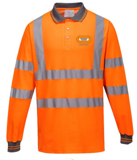 Orange long-sleeved polo shirt, high-visibility cotton, BY BAT GRAND OUEST