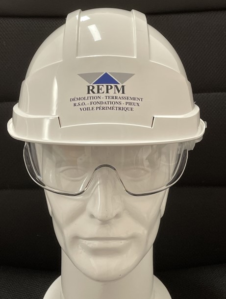 Casque Kara blanc visière courte avec lunettes et jugulaire 4 points boucle flash logo REPM DEMOLITION...