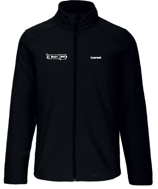 Black softshell jacket with Laurent heart embroidery + steam generator design with RGV900 inscription opposite heart (2XL)