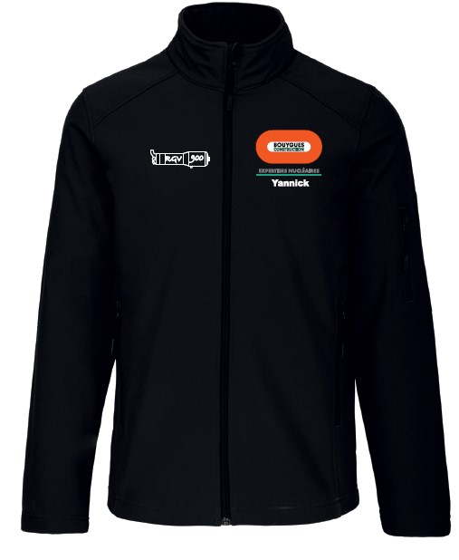 Veste softshell noire brodée BY CN EXPERTISES NUCLEAIRES + Prénom cœur + dessin générateur de vapeur avec inscritpion RGV900 opposé cœur