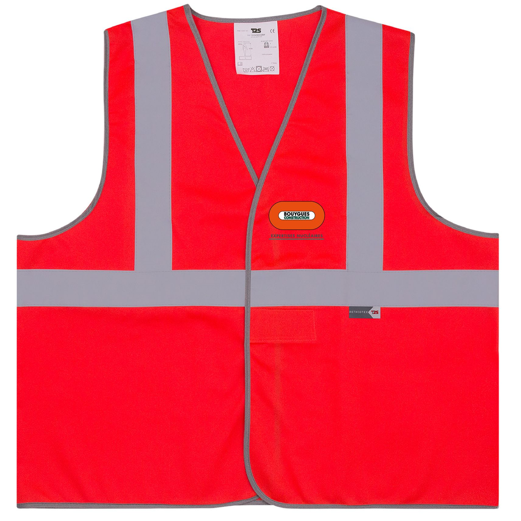 Gilet fluo BY EXPERTISES NUCLEAIRES cœur + dos + Surveillant incendie BCEN lettrage blanc dos sur 3 lignes + entre les bandes rétro