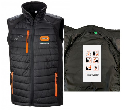 Black orange sleeveless down jacket embroidered BY TP REGIONS FRANCE Passerelle Epernay heart + photo of the opposite heart gateway + transfer of the BY Vital Rules inside