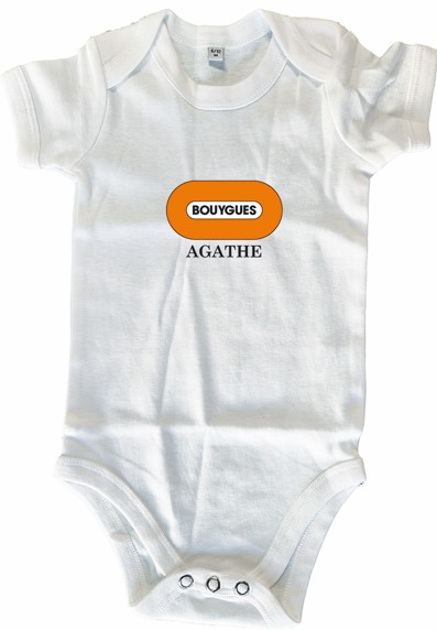 Body blanc 9 mois manches courtes 100% coton BIO BOUYGUES + Prénom AGATHE 1 couleur sous logo