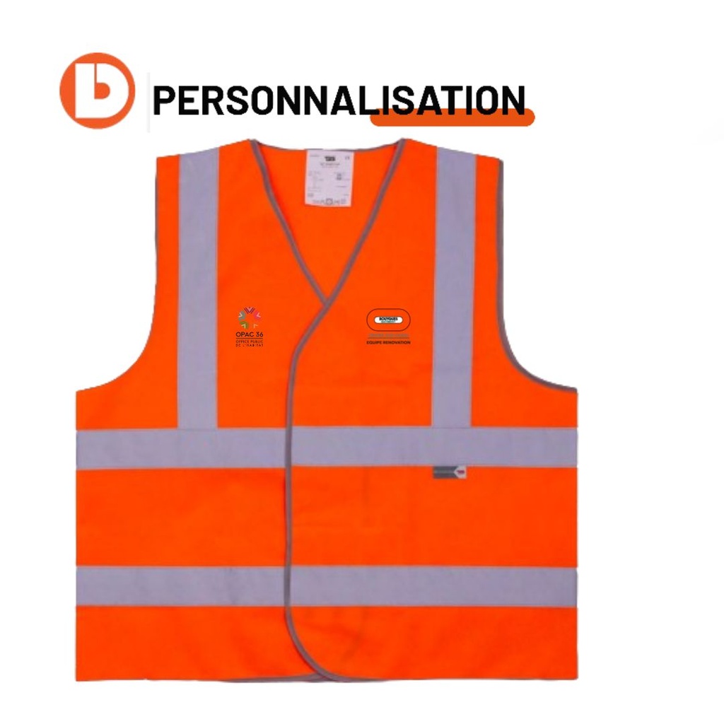 Orange fluorescent vest HV BY BAT CENTRE SUD OUEST Renovation Team + OPAC36 opposite heart + BY BAT CENTRE SUD OUEST OPAC36 Renovation Team back