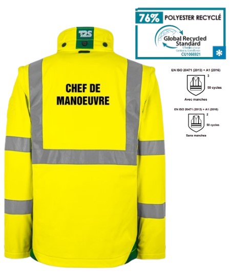Softshell manches amovibles jaune et vert HV - CHEF DE MANOEUVRE dos