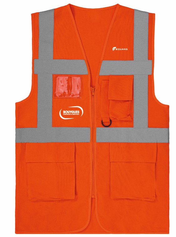Gilet fluo hv orange multipoches BYES + EQUANS blanc coeur + VIGIE blanc dos