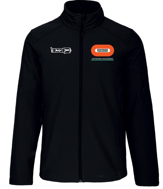 Black softshell jacket embroidered BY CN EXPERTISES NUCLEAIRES + steam generator design with RGV900 inscription opposite the heart