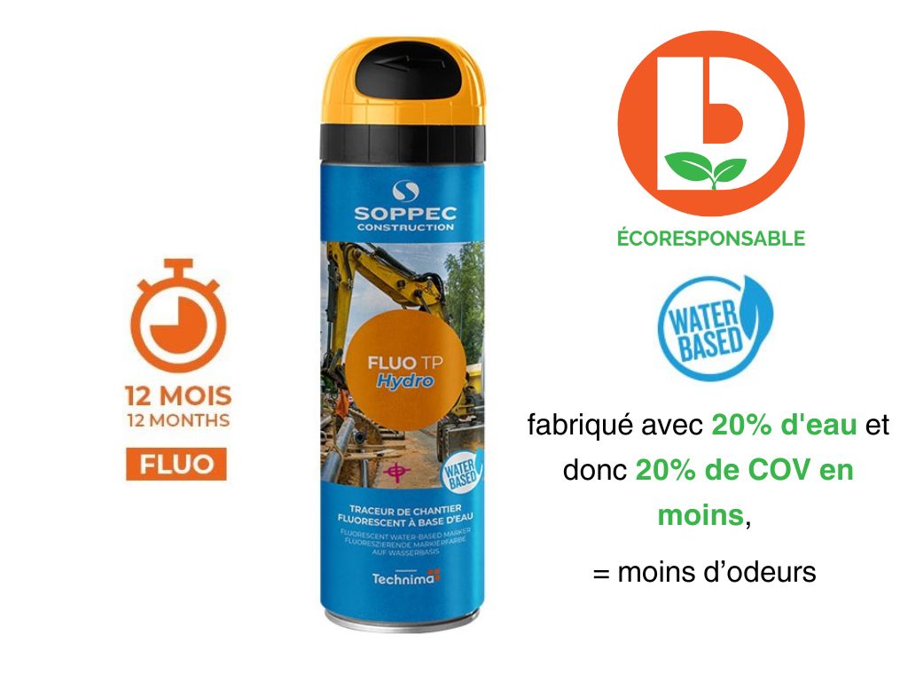 Traceur écologique de chantier fluo 12 mois Fluo TP Hydro Orange 500 ml