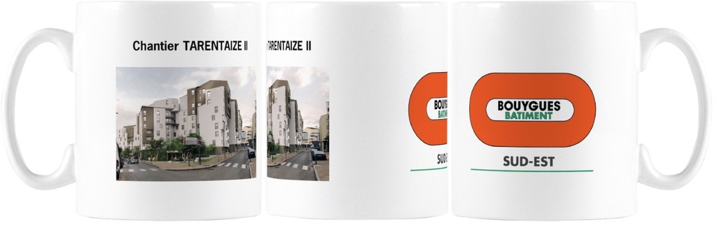 White ceramic mug 350ml BY BAT SUD EST Chantier TARENTAIZE II + construction site photo