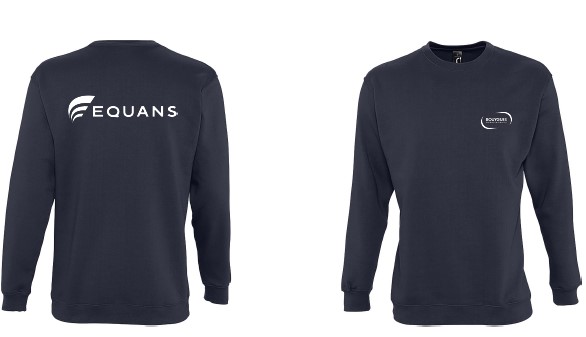 Sweat bleu marine unisexe col rond 280gr 50% coton - 50% polyester BYES blanc coeur + EQUANS blanc dos