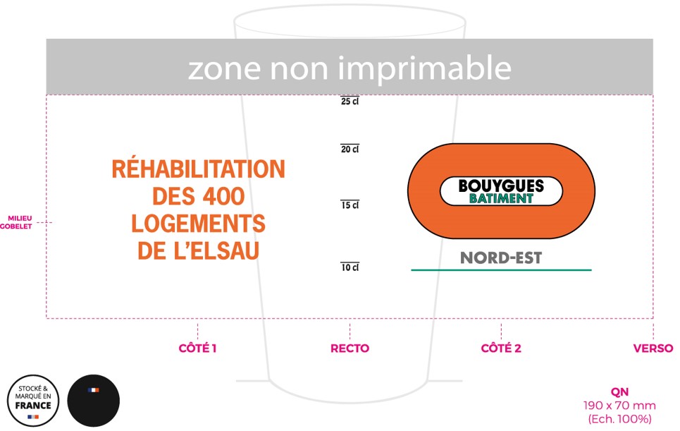Gobelet plastique réutilisable Fab France blanc 30cl BY BAT NORD EST + texte REHABILITATION DES 400 LOGEMENTS DE L'ELSAU orange