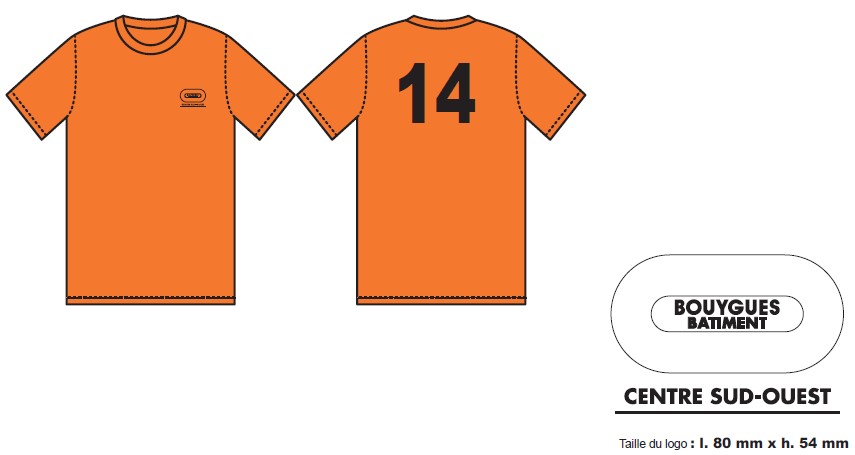 Tee-shirt 140gr 100% polyester orange fluo col rond manches courtes BY BAT CENTRE SUD OUEST noir coeur + numéro 1 à 15 noir dos