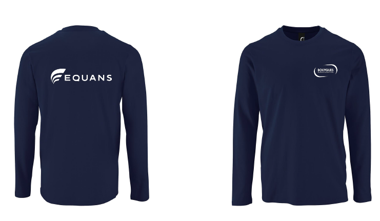 Tee-shirt 100% coton 190gr manches longues col rond BYES blanc coeur + EQUANS blanc dos marine