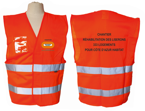 Gilet fluo hv semi-grillagé avec porte badge Chantier » BY BAT SUD EST + Chantier Réhabilitation des Liserons 333 Logements pour Côte d’azur Habitat dos