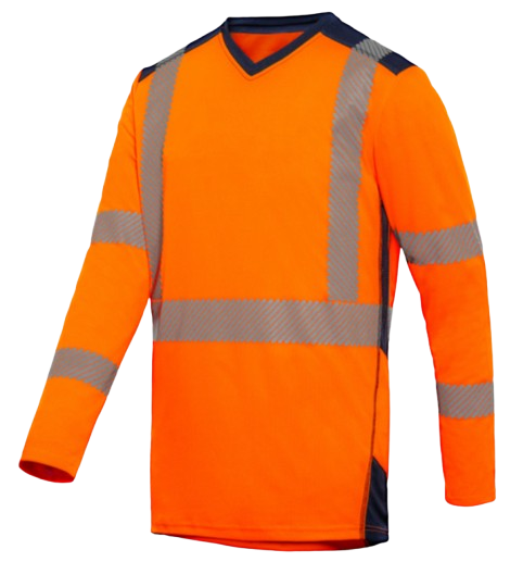 Tee-shirt HV polyester-coton manches longues Jakarta 2 - Orange/bleu Marine