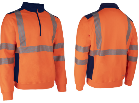 Sweat thermique orange marine HV col zippé 300gr 75% polyester - 25% coton