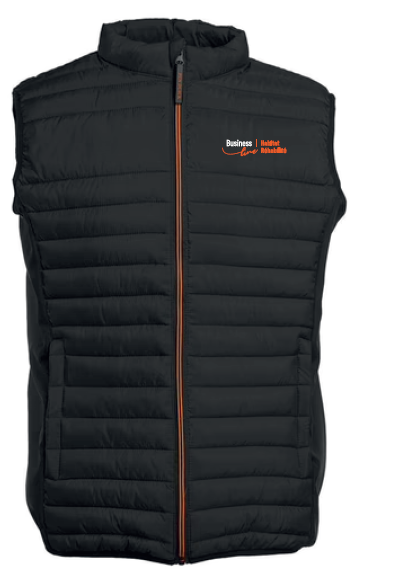Doudoune sans manche 210gr 96% polyester 4% élasthanne noir zip contrasté orange brodée BUSINESS LINE HABITAT REHABILITE orange et blanc